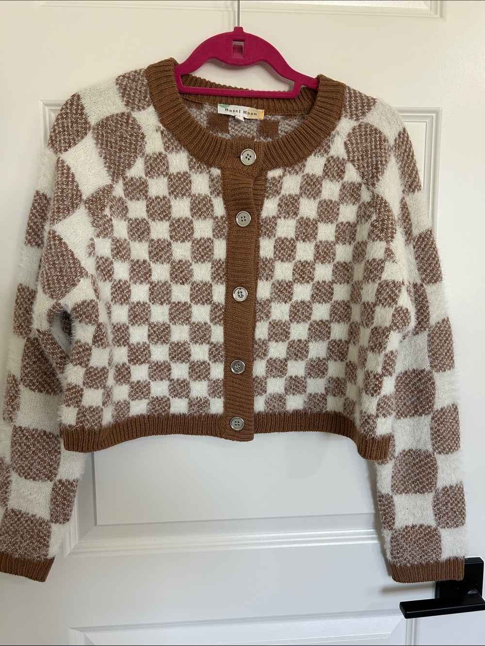 Checked Crop Cardigan Sweater in Brown and Cream